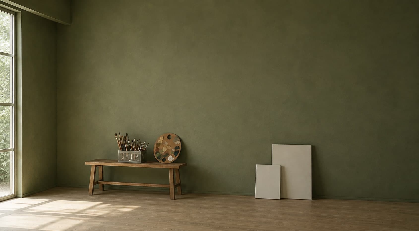 Taller de la artista: un banco de madera con pinceles y paleta junto a una pared verde oliva, con lienzos en blanco apoyados y luz de ventana
